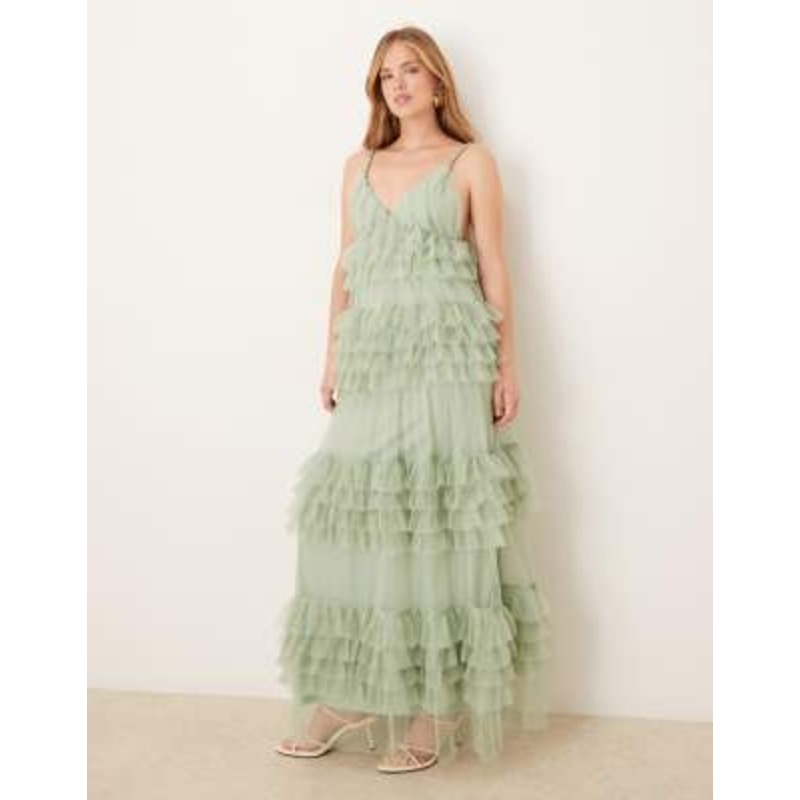 YAS statement tiered tulle maxi dress in sage green