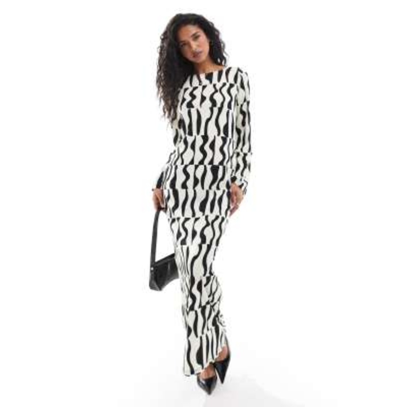 YAS textured jersey maxi dress with fluted sleeves in mono print