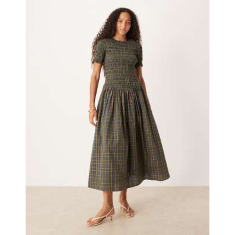 Amy Lynn shirred midi dress in green check
