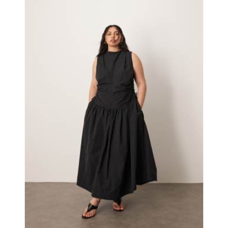 ARRANGE Curve drop waist ruched detail funnel neck midaxi dress in black