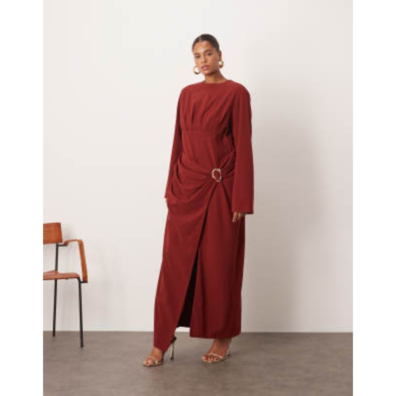 ARRANGE Curve long sleeve draped satin maxi dress with gold hardware in red