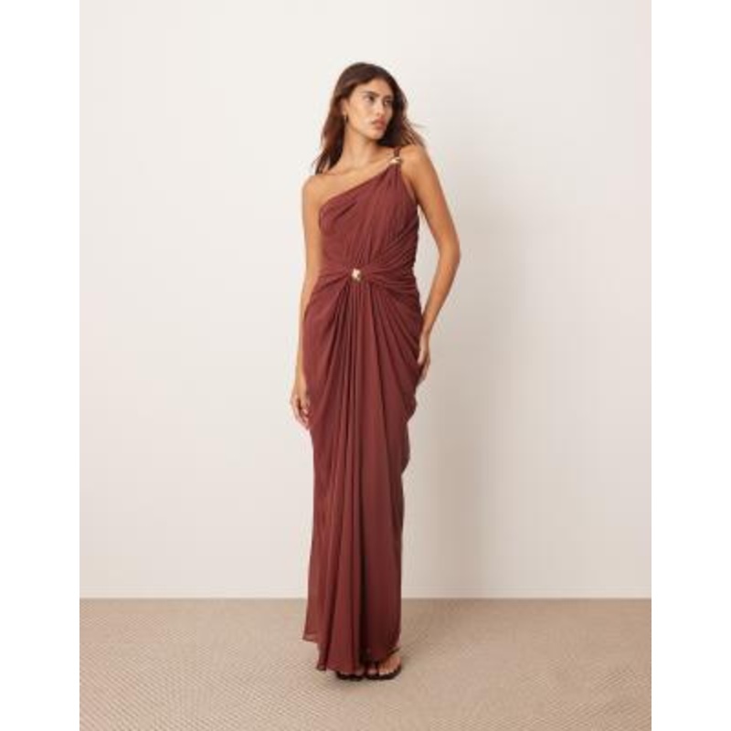 ARRANGE one shoulder draped twist detail maxi dress with metal trim detail in chocolate
