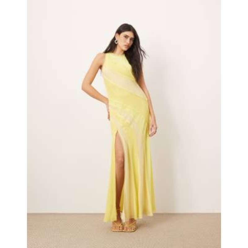 ARRANGE racer neck raw edge paneled maxi dress in yellow