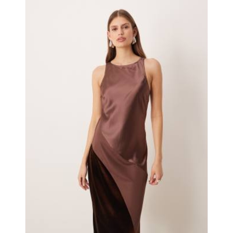 AWARE asymmetric mixed texture satin midi dress in burgundy