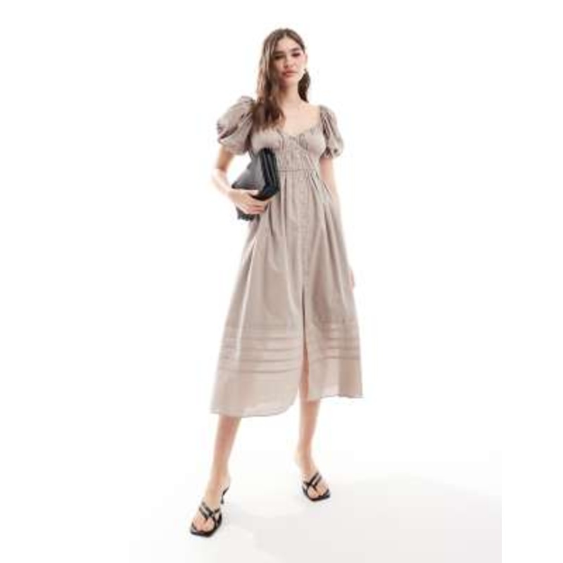 & Other Stories midi dress with puff sleeves and ruched pleat detail in light taupe