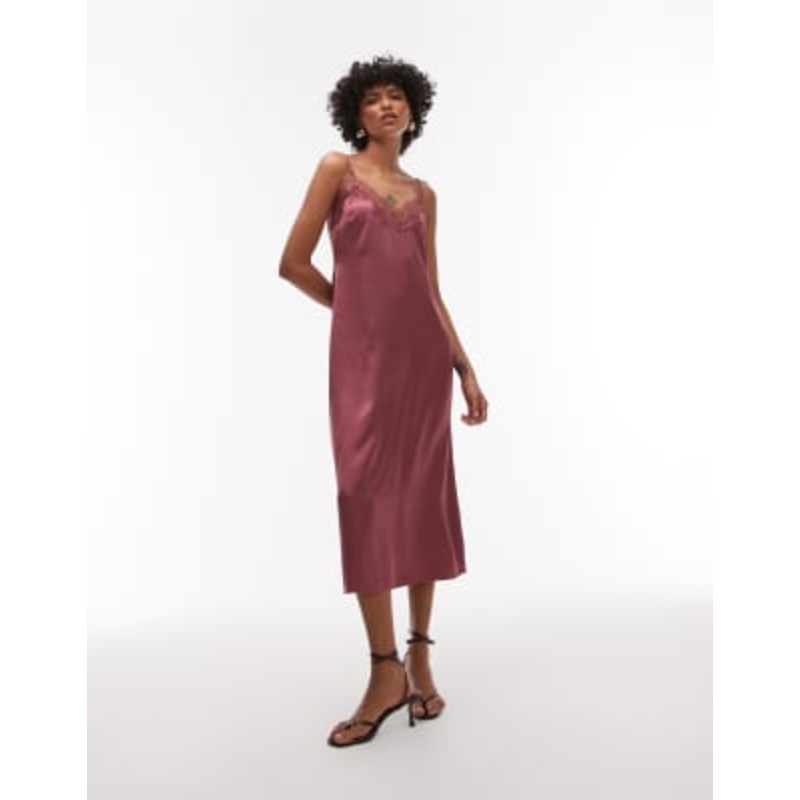 & Other Stories satin midaxi dress slip dress with contrast lace trim in pink burgundy