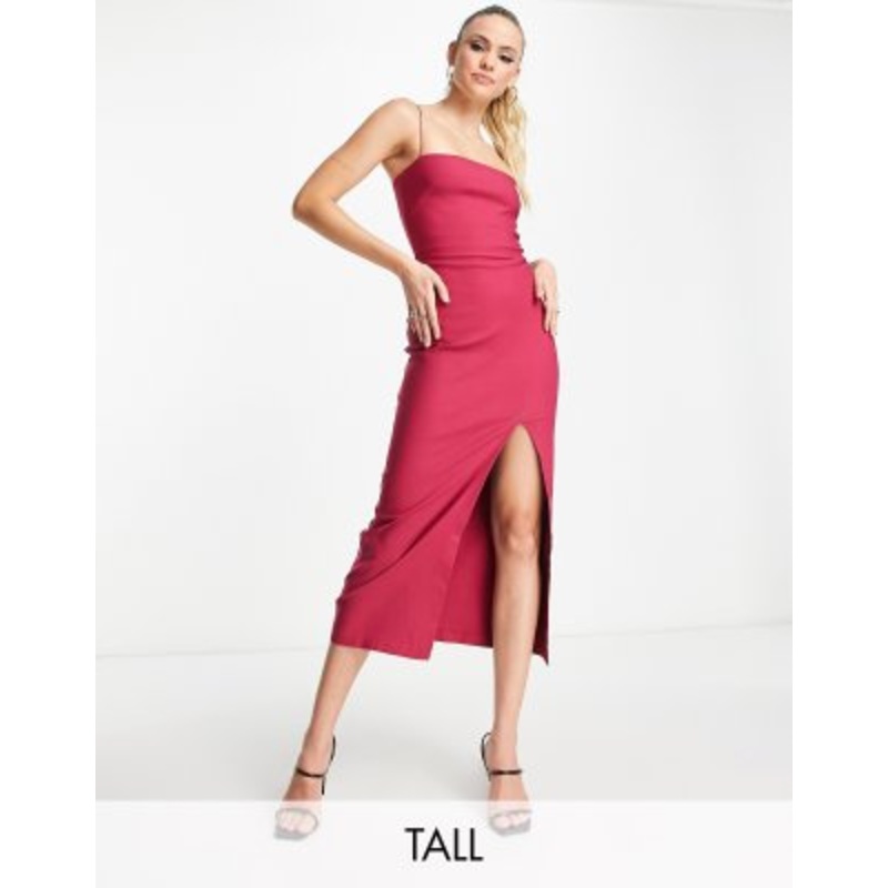 Vesper Tall bengaline cami straps midi dress in raspberry