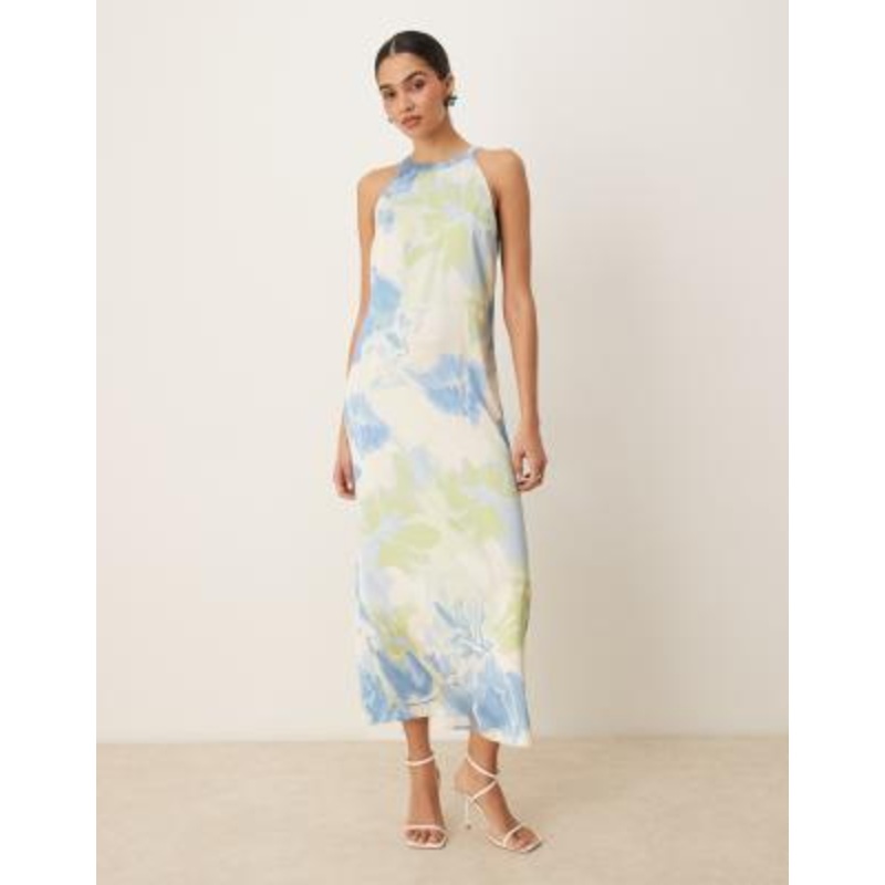 VILA satin high neck maxi dress in marble print
