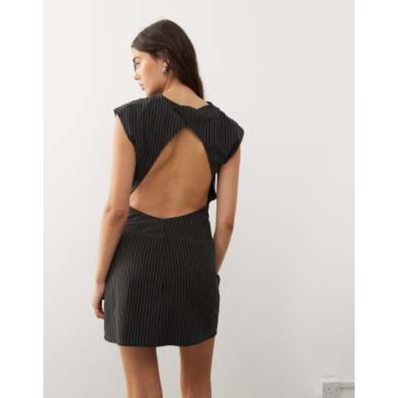 Weekday slash neck mini dress with open back in dark gray pinstripe
