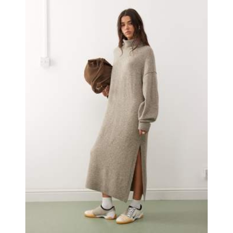 Weekday turtle neck knitted maxi sweater dress in light mole melange exclusive to