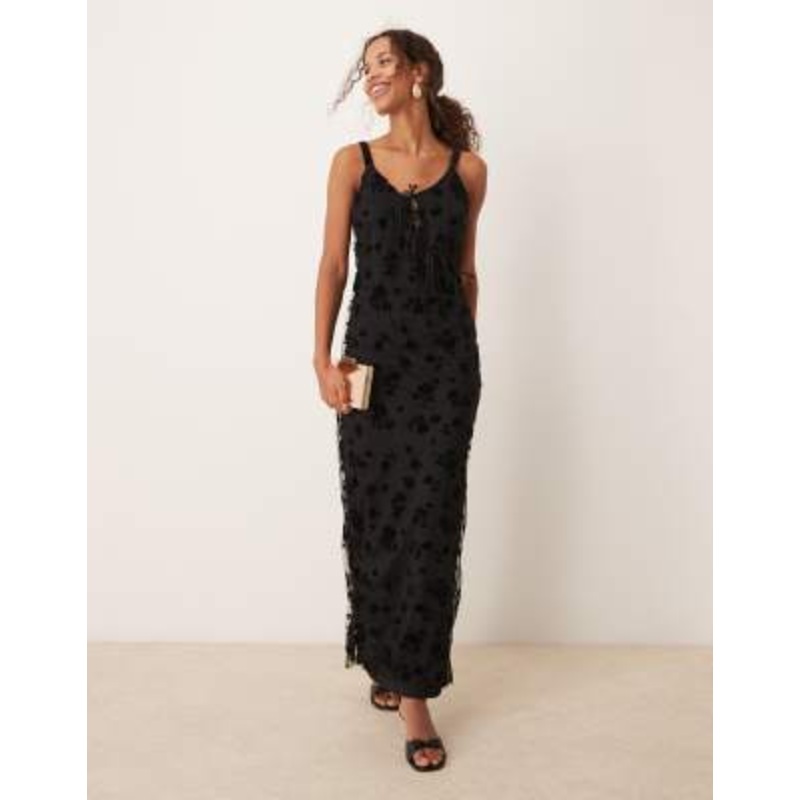 YAS mesh and burnout strappy midi dress in black