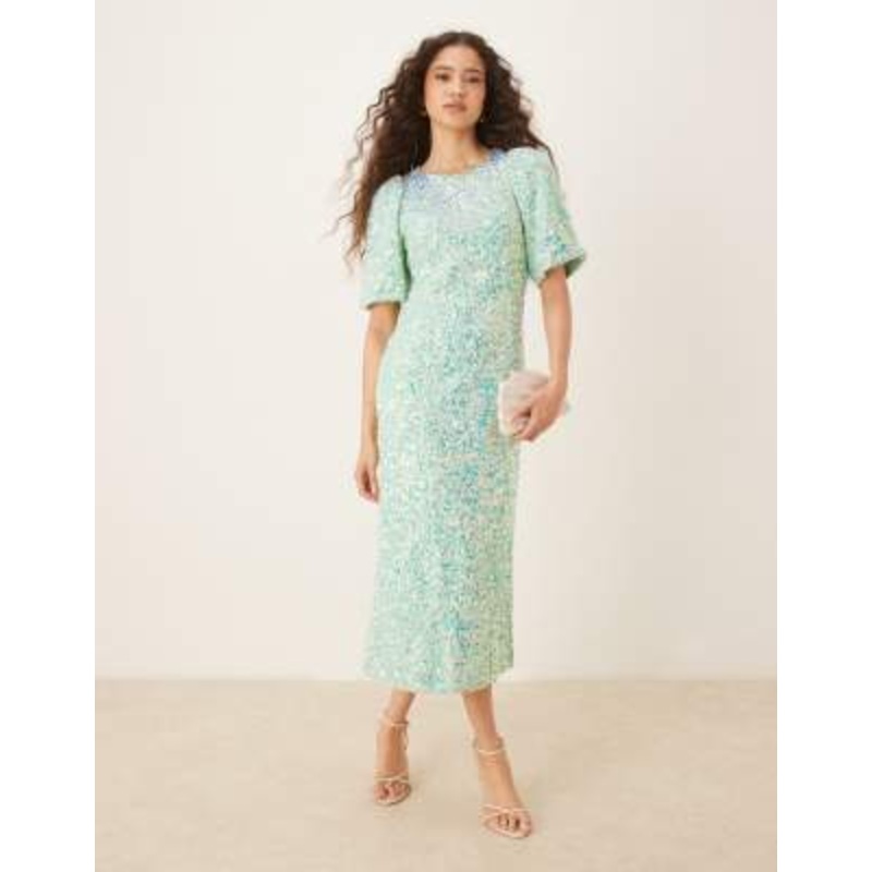 YAS textured iridescent sequin midaxi tea dress in mist green