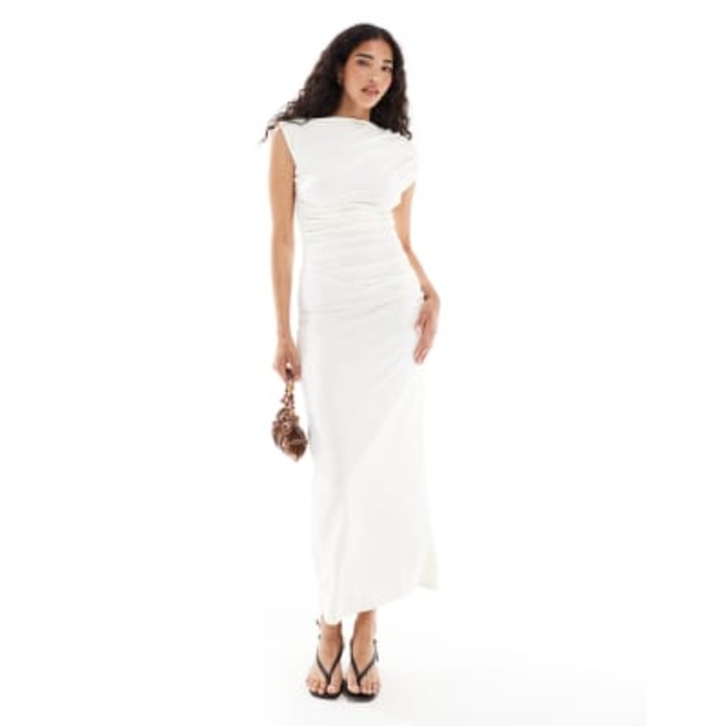 4th & Reckless double layered slinky drape waist detail high neck sleeveless maxi dress in cream