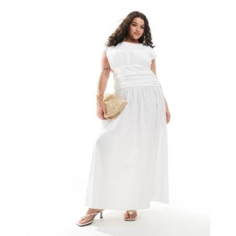 4th & Reckless Plus dropped waist drape detail maxi dress in white