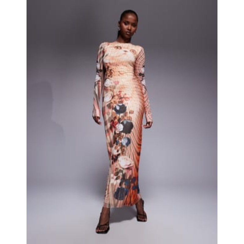 AFRM crewneck long sleeved maxi dress in kitten plaid print