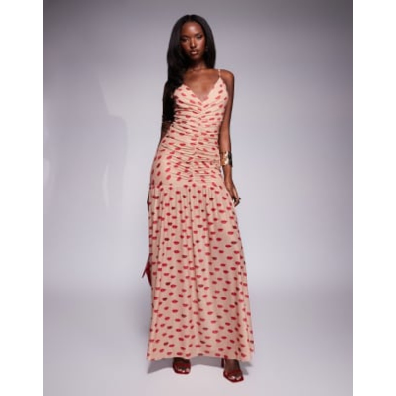 AFRM Harlo plunge maxi dress with ruched detailing in almond kiss