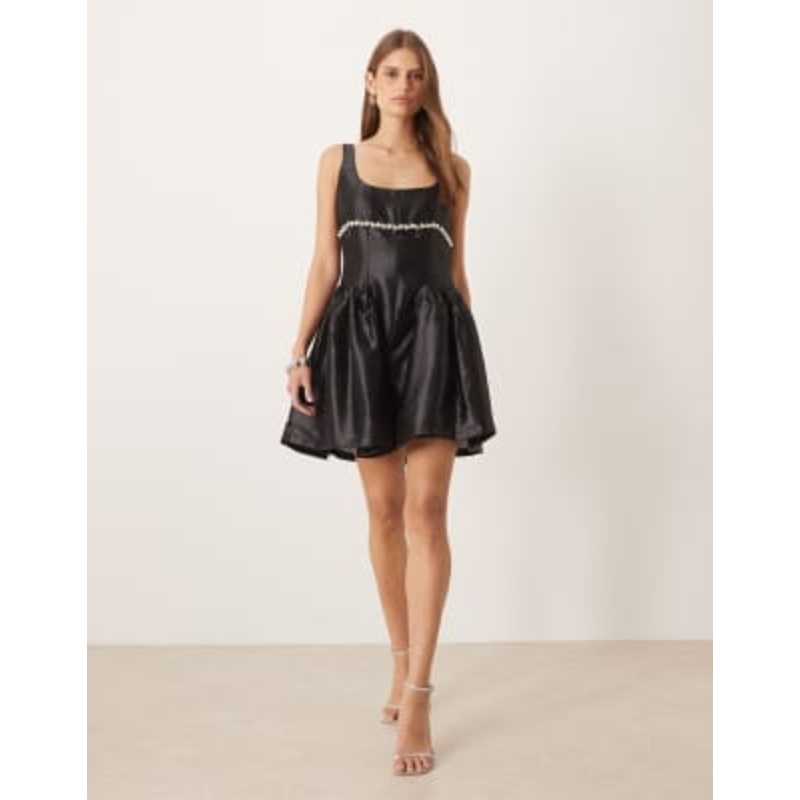 Amy Lynn diamante babydoll mini dress with hip seam detail in black