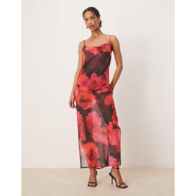 Aray blurred floral print maxi beach dress in red