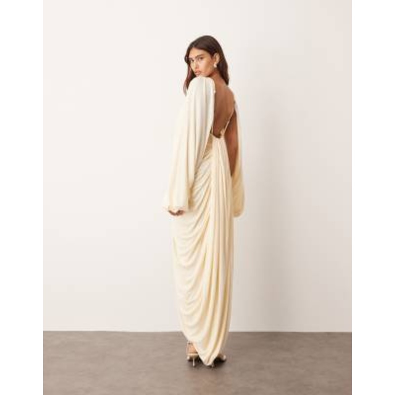 ARRANGE drape midi dress with balloon sleeves and hardware detail in buttermilk