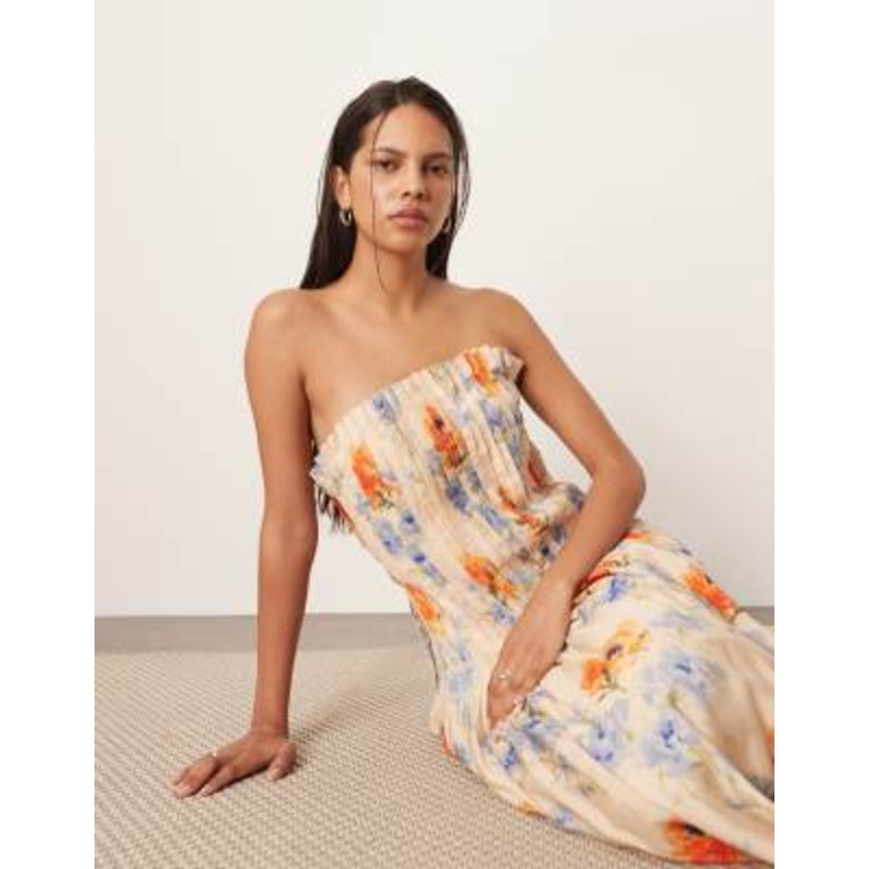 ARRANGE pintuck organdy dropped waist bandeau midi dress in multi floral print