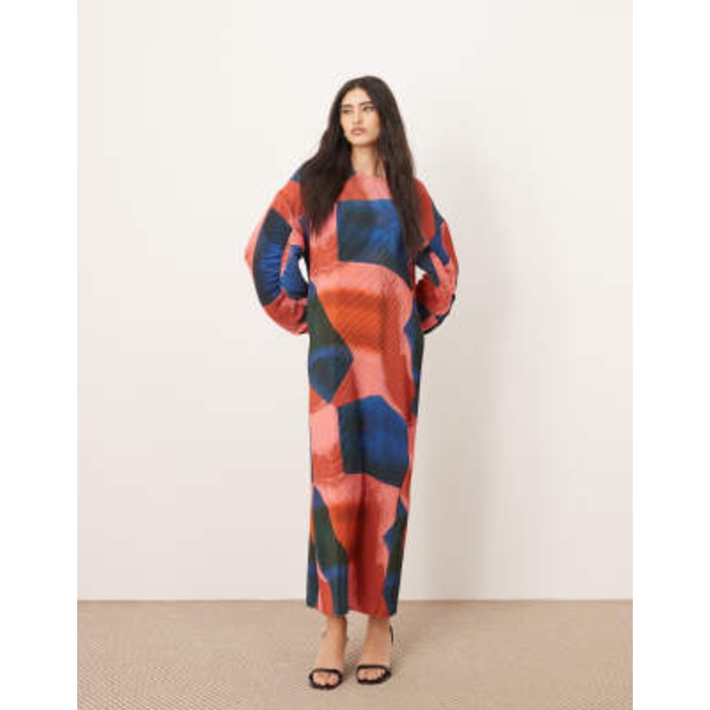 ARRANGE plisse balloon sleeve maxi dress in abstract print