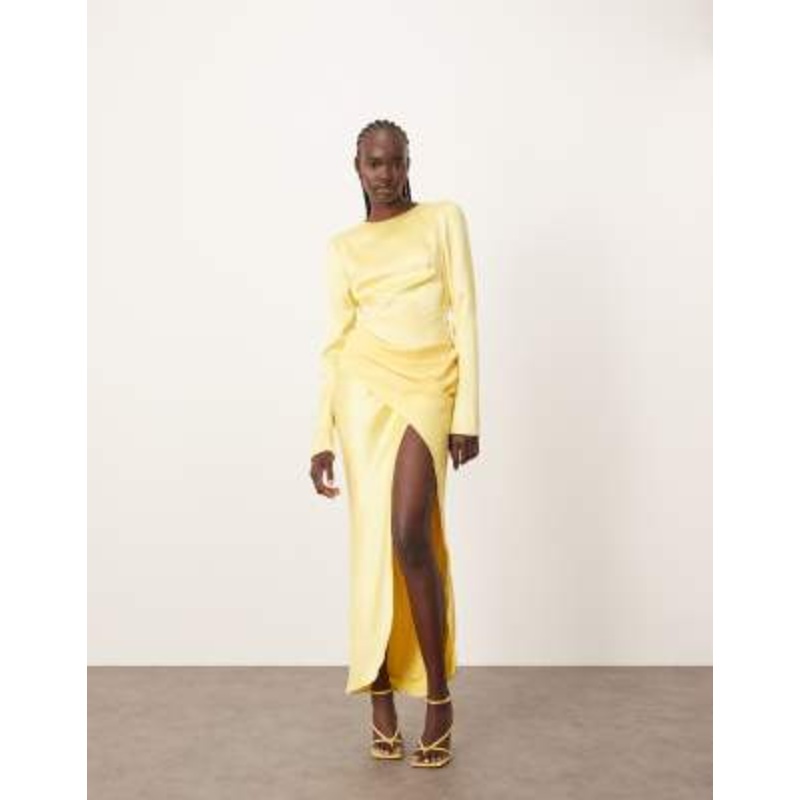 ARRANGE sleek satin drape maxi dress with open back in lemon