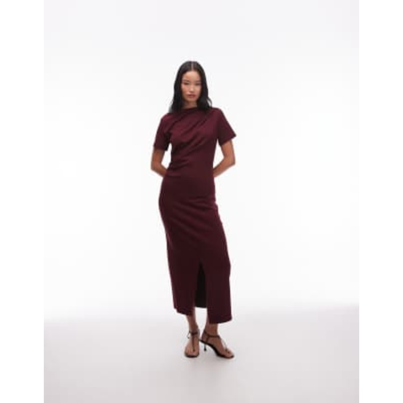 & Other Stories short sleeve drape twist midaxi dress with front split in burgundy