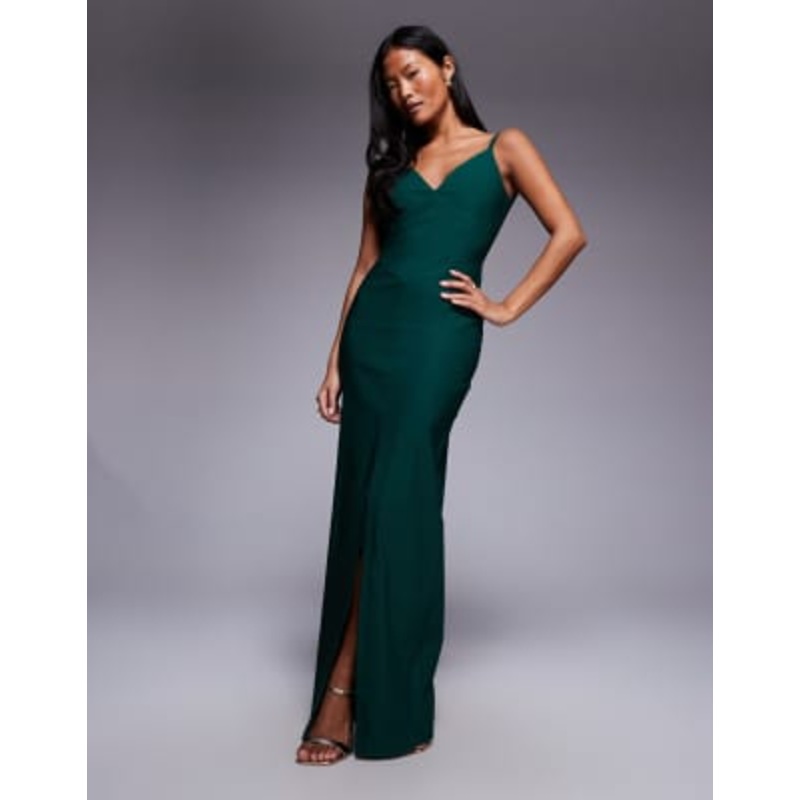 Vesper Petite bengaline cami V-neck low back maxi dress in forest green
