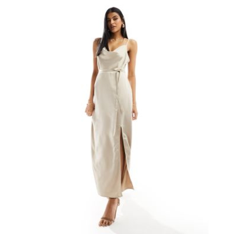 Vila bridesmaid cowl neck cami dress with tie belt and front split in stone