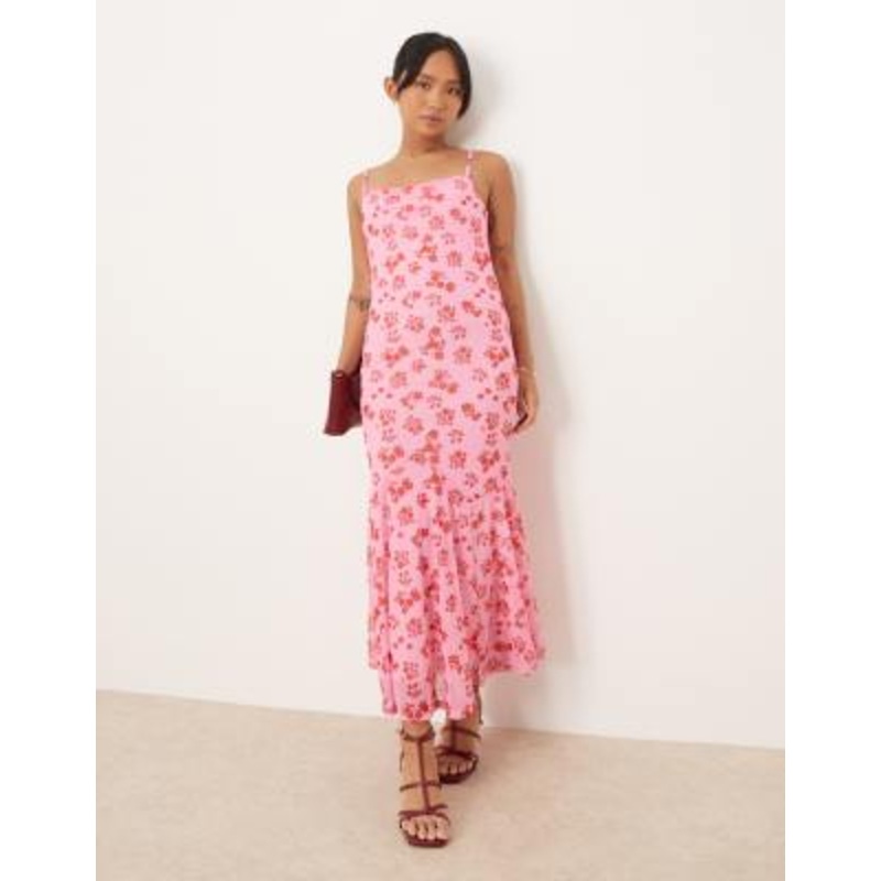 VILA Petite mesh square neck cami maxi dress in pink floral print