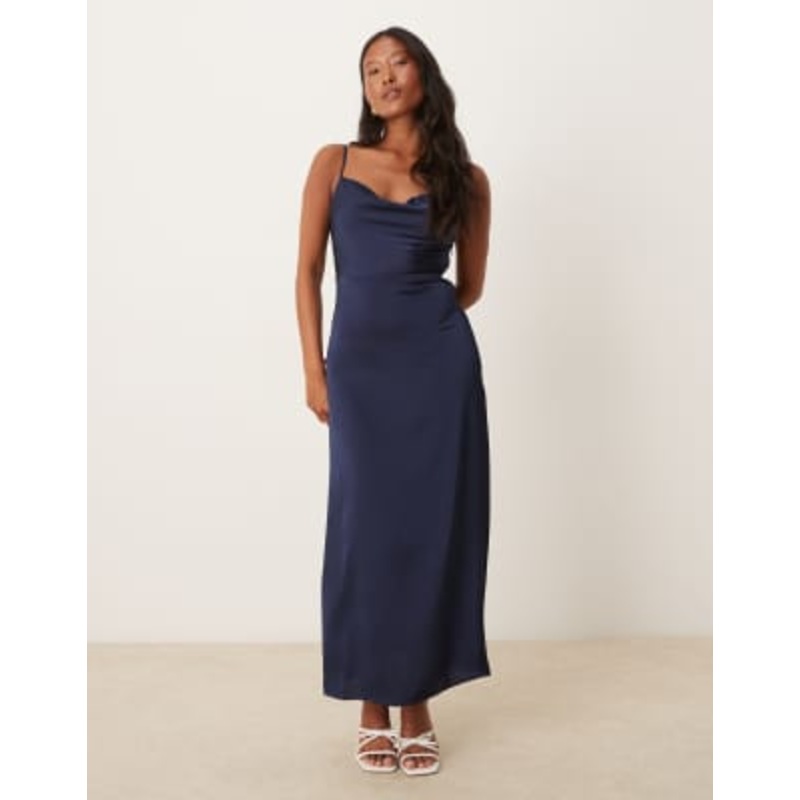 Vila Petite satin cowl neck cami maxi dress in navy