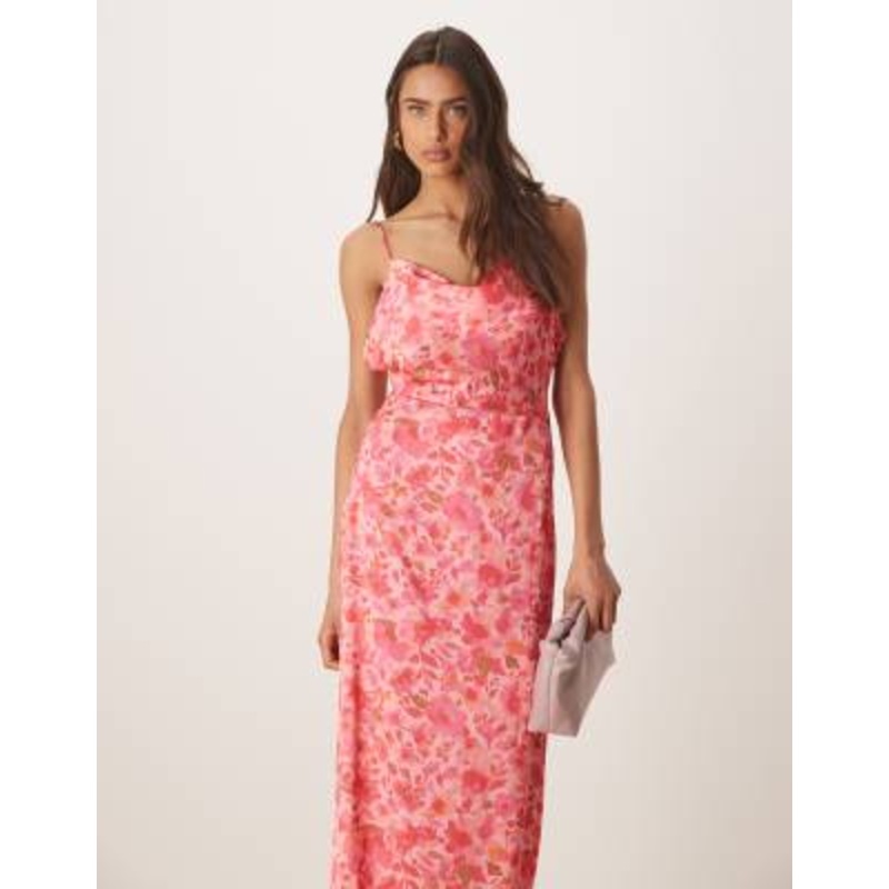 Vila satin cami maxi dress in pink floral print