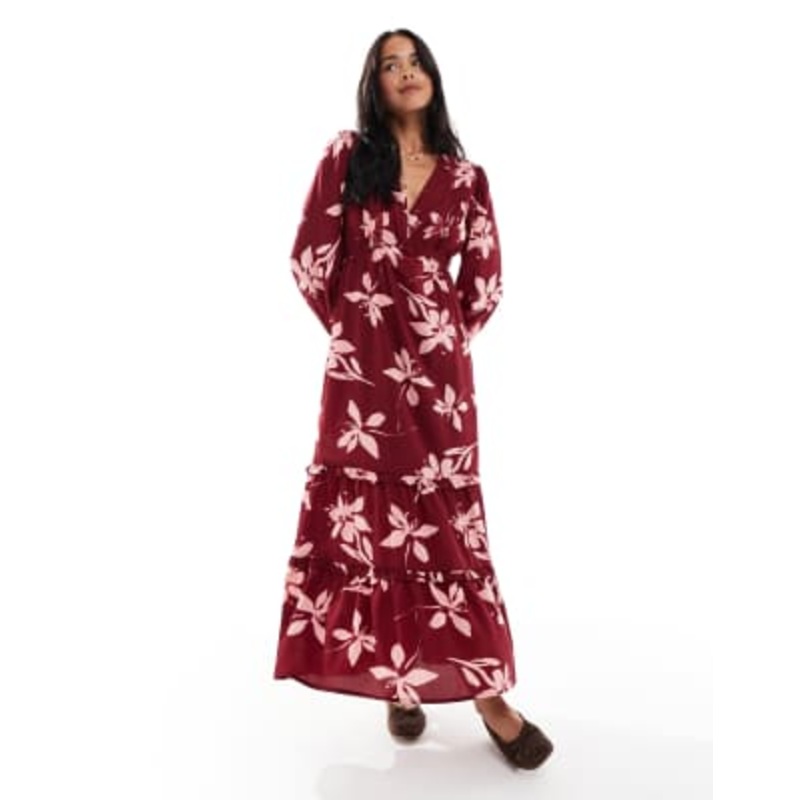 Wednesday’s Girl plunge front floral print midaxi dress in burgundy
