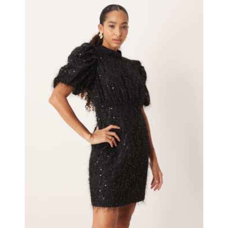 YAS fluffy textured sequin mini dress in black