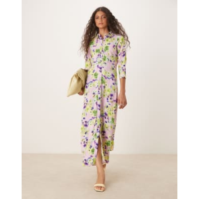 YAS maxi shirt dress in oversized pale lilac floral print