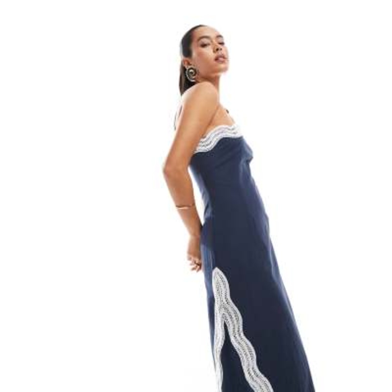 4th & Reckless linen look contrast scallop detail bandeau maxi dress in blue