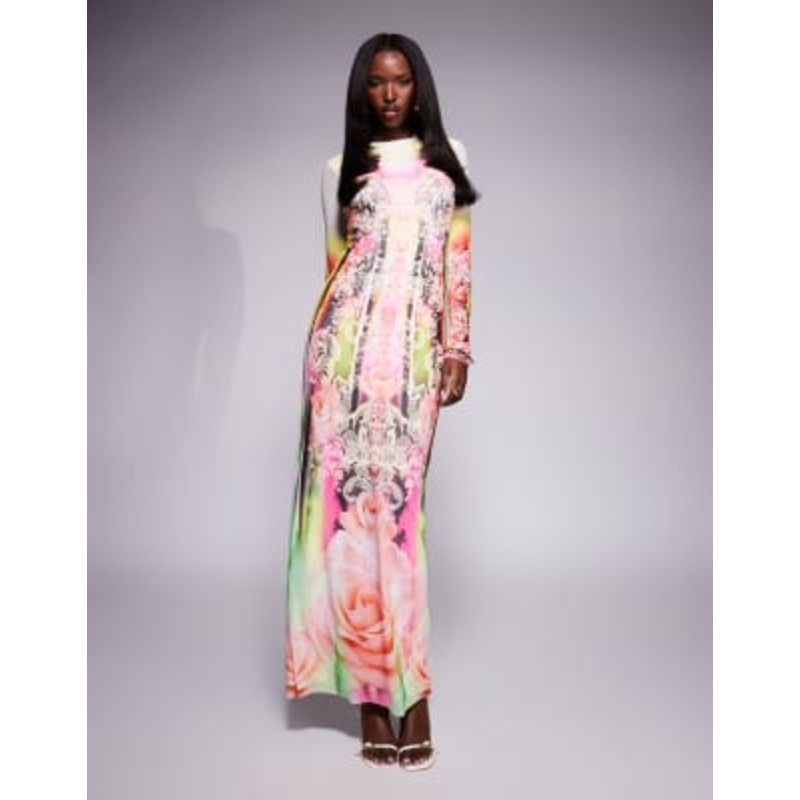 AFRM Didi long sleeve mesh midi dress in grunge lace print