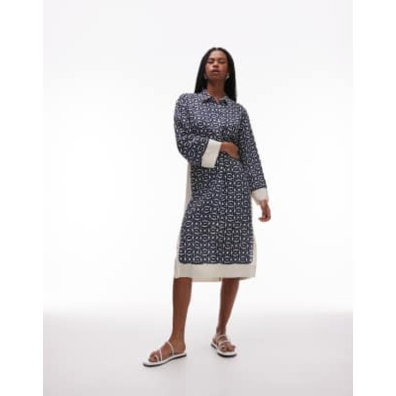 ARKET long sleeve midi shirt dress in blue and white print