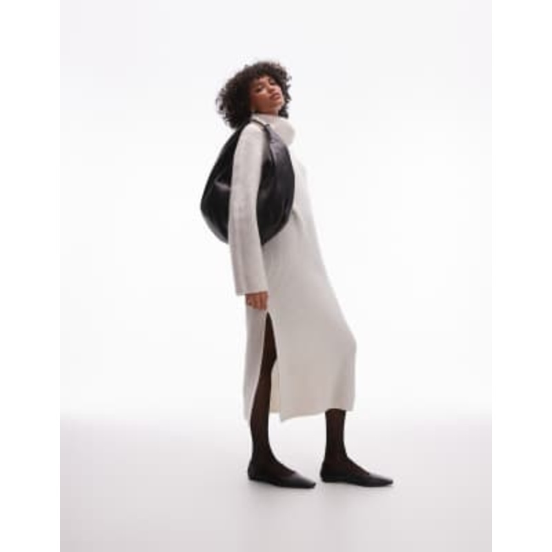 ARKET wool knitted midaxi dress with cowl funnel neck in off white