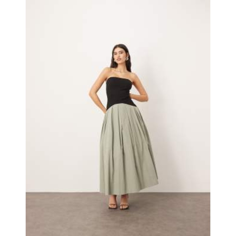ARRANGE bandeau drop waist maxi dress with contrast detail in black and sage