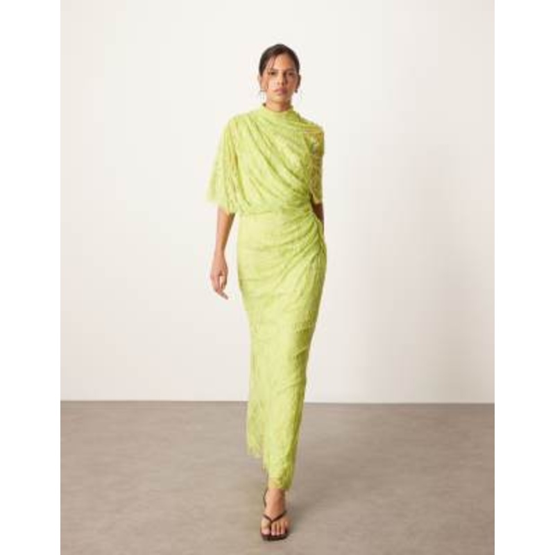 ARRANGE draped shoulder lace maxi dress chartreuse