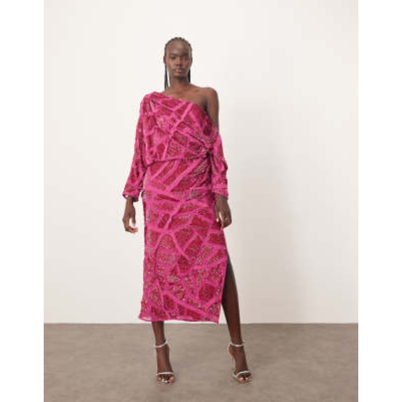 ARRANGE embellished drape off shoulder raw edge abstract sequin maxi dress in raspberry pink