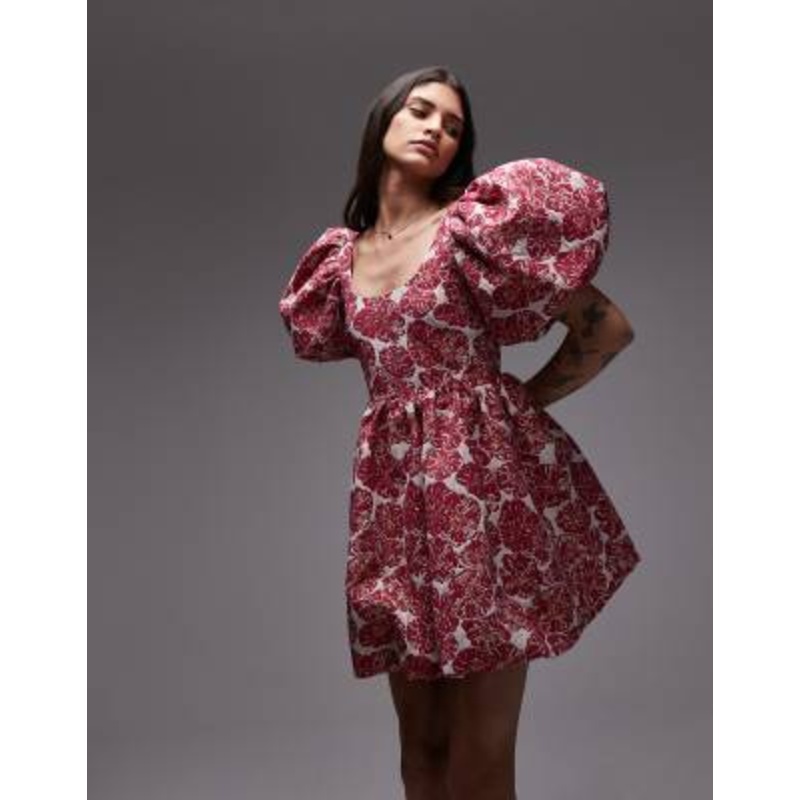 & Other Stories brocade mini dress with statement puff sleeves and deep back in pink floral