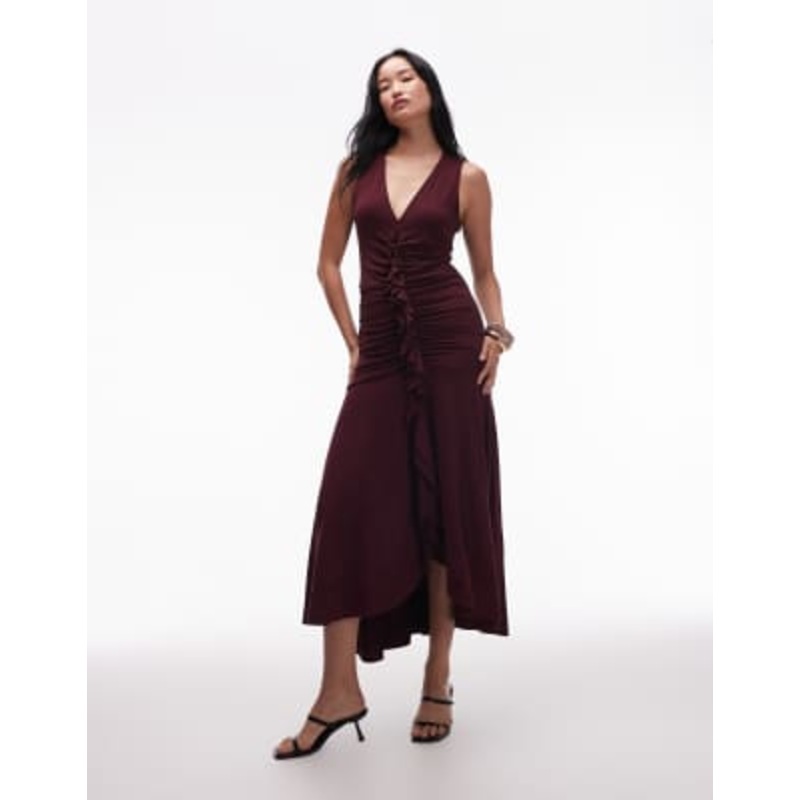 & Other Stories jersey midaxi dress with ruffle front and ruching in burgundy