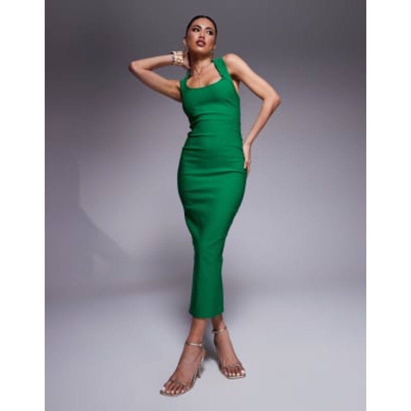 Vesper bengaline scoop neck halterneck bodycon midaxi dress in emerald green