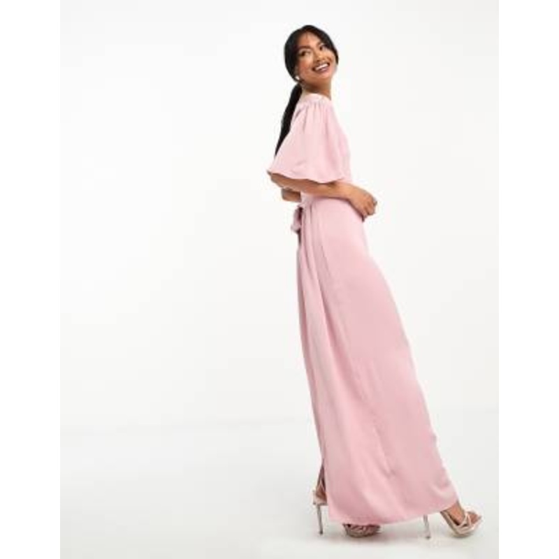 Vila Bridesmaid maxi dress with flutter sleeves and tie waist in pink