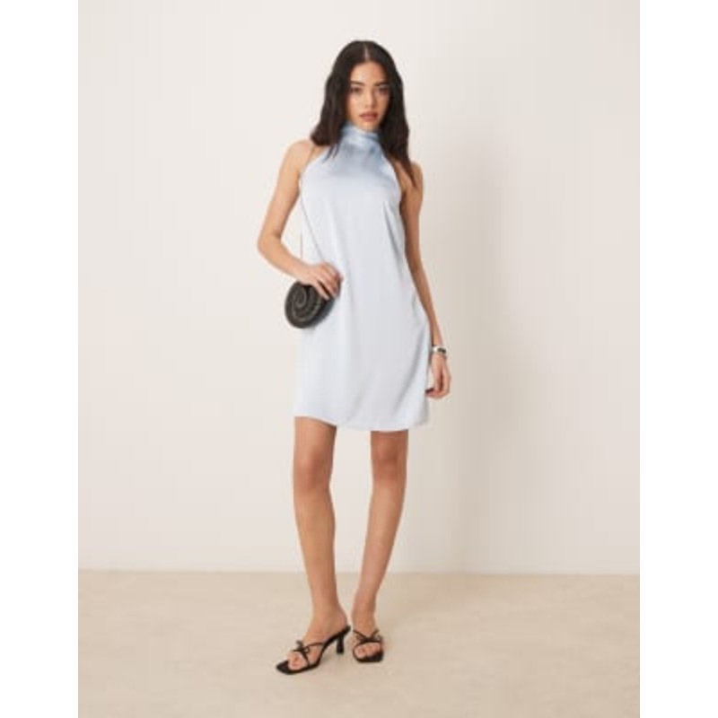 VILA satin halter mini dress in pastel blue