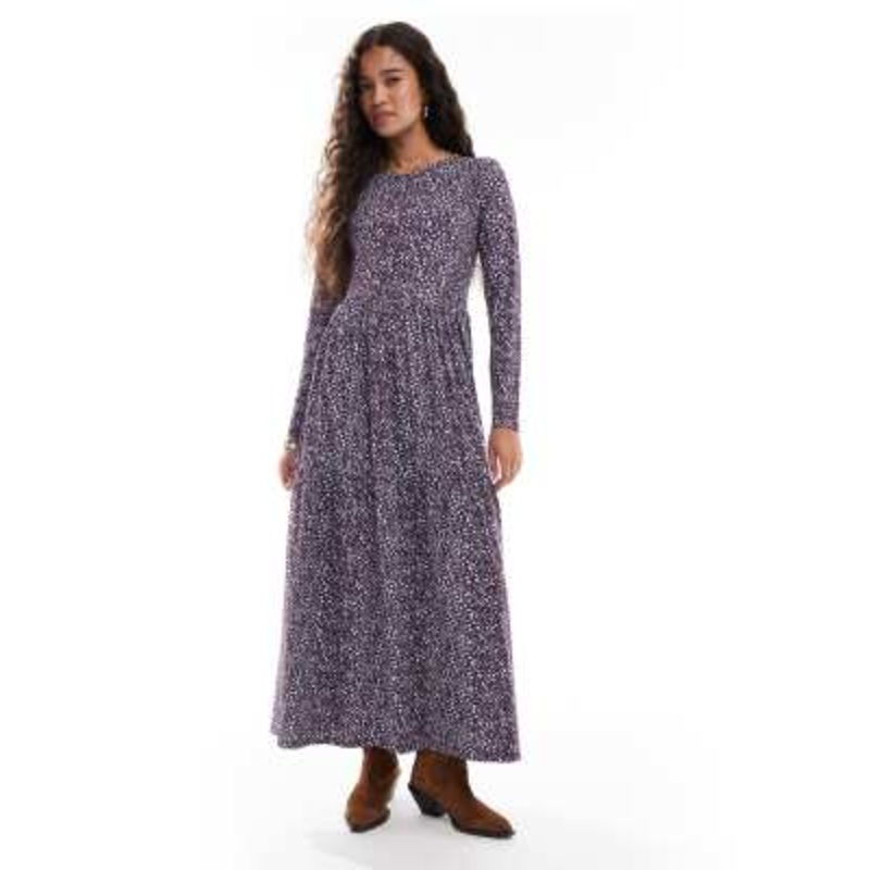 Wednesday’s Girl long sleeve smudged polka dots midaxi dress in plum