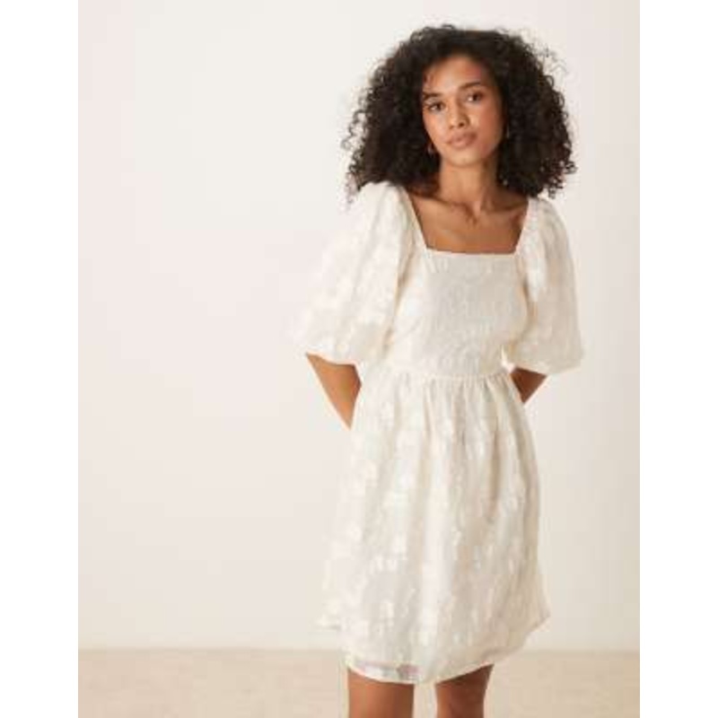 YAS jacquard mini dress with puff sleeves in cream