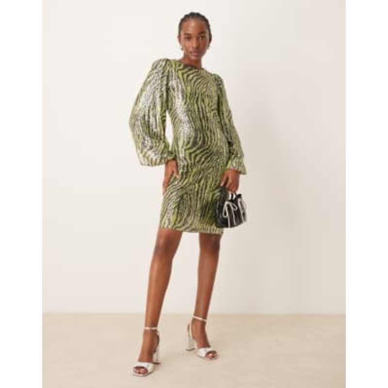 YAS sequin mini dress in green zebra